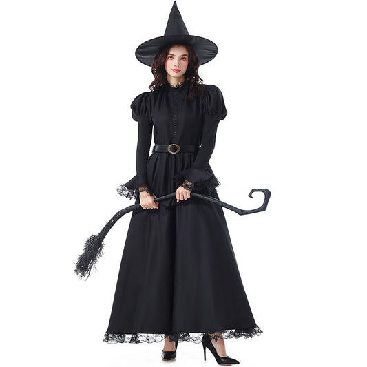 Halloween Costume Party Movie Character Performance Dress Witch Black Elegant Lace Witch Long Dress Magician