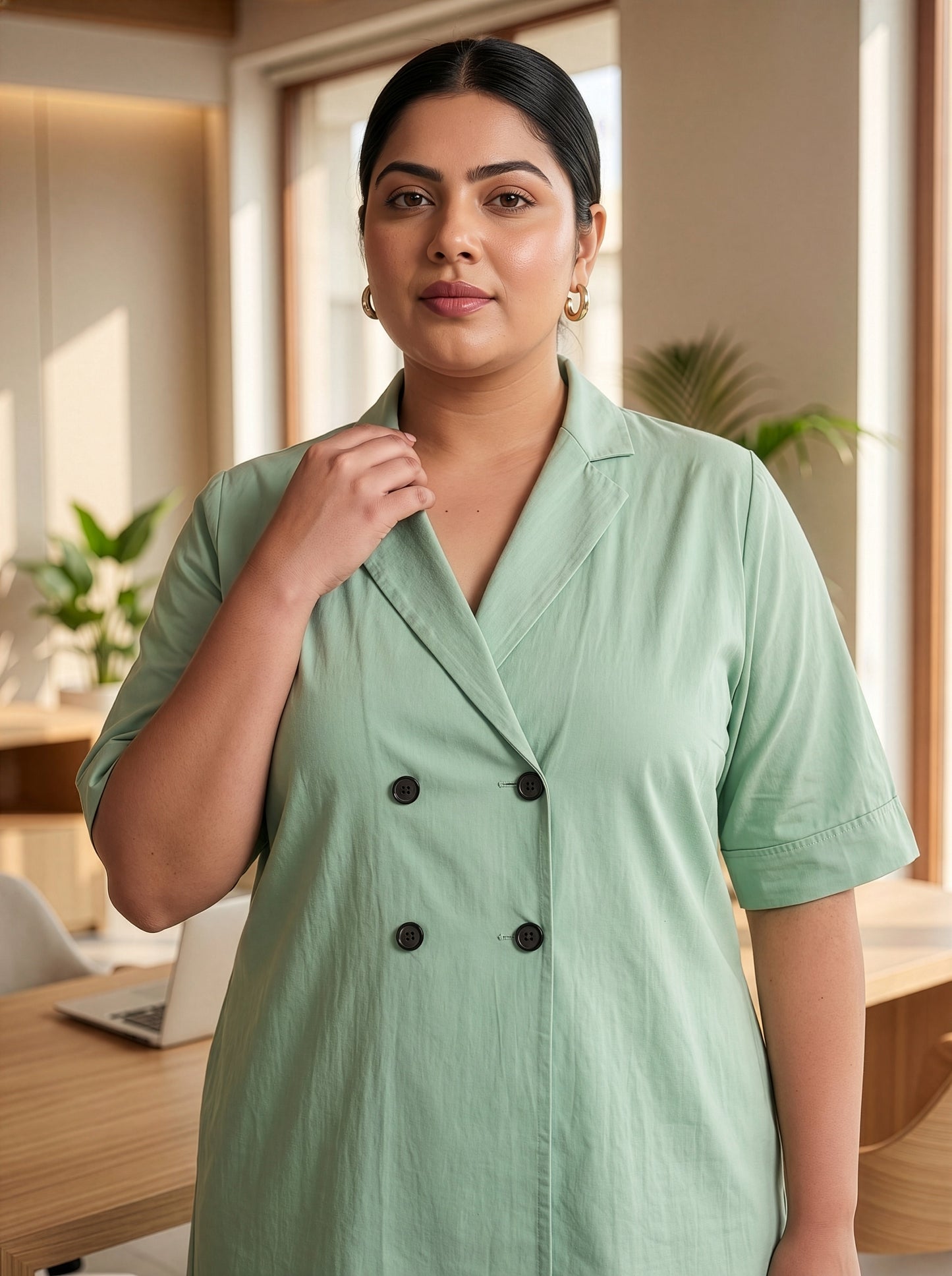 Plus Size Sage Green Cotton Linen Shirt Dress- Office Wear Midi Dress for Women