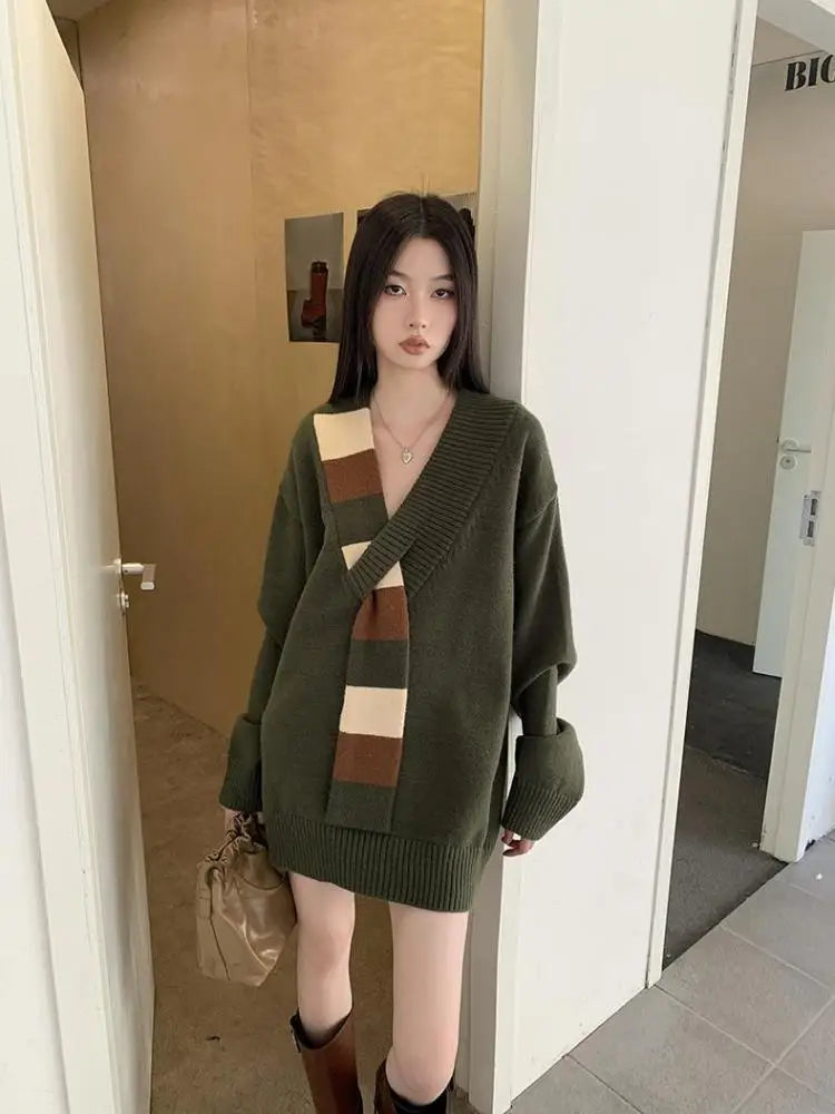 Retro Patchwork Sweater Women Clothes Long Sleeve Warm Knitted Tops Autumn Winter Pullovers Ladies Jumpers Chic