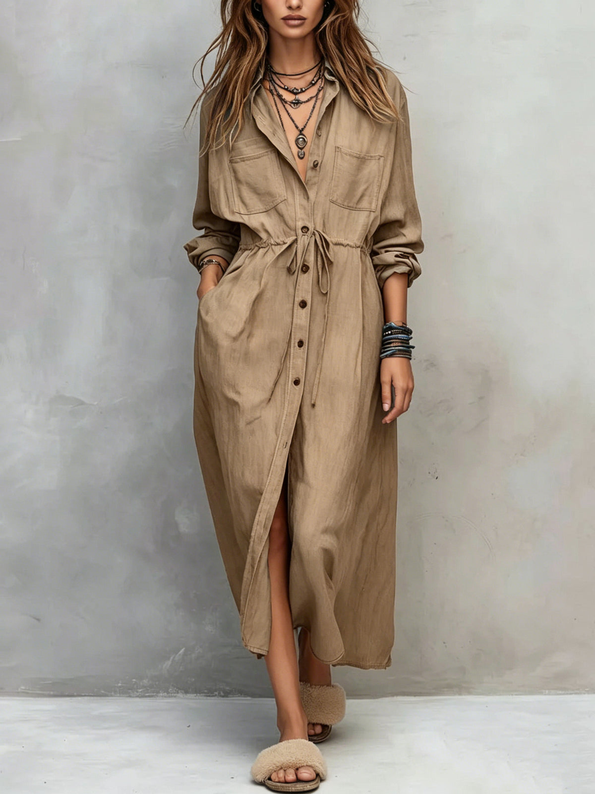 Spring and Autumn Casual Drawstring Waist Shirt Dress Loose Style for Women