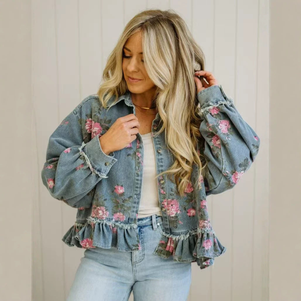 New Style Retro Washed Denim Jacket with Floral Print Loose Fashion Long Sleeve Shirt for Women