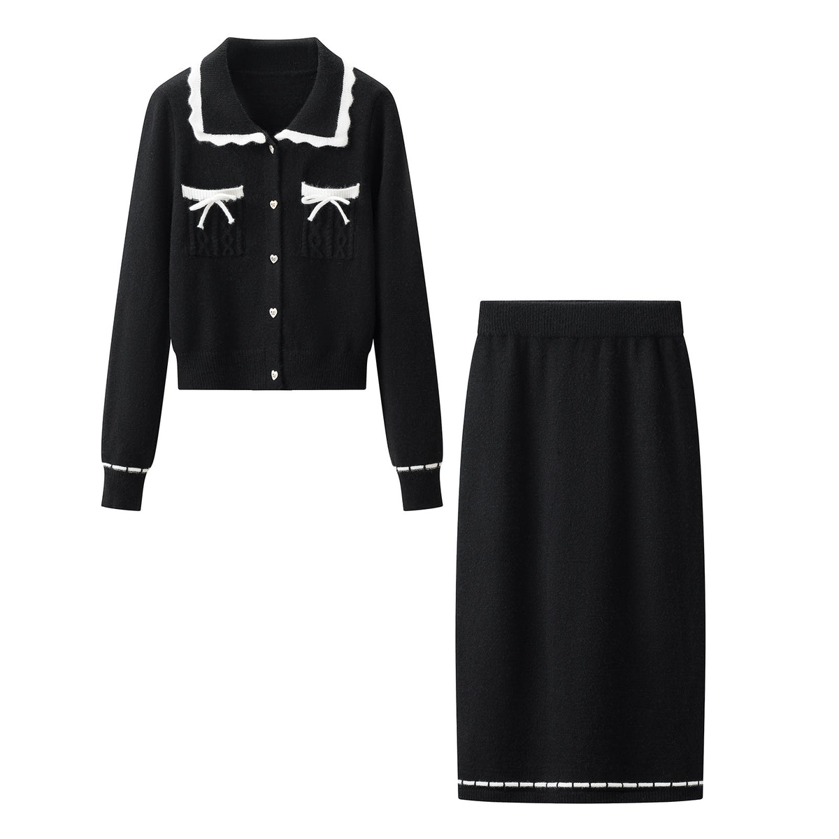 Casual Knit Collared Cardigan Jacket Skirt Two-Piece Set for Women