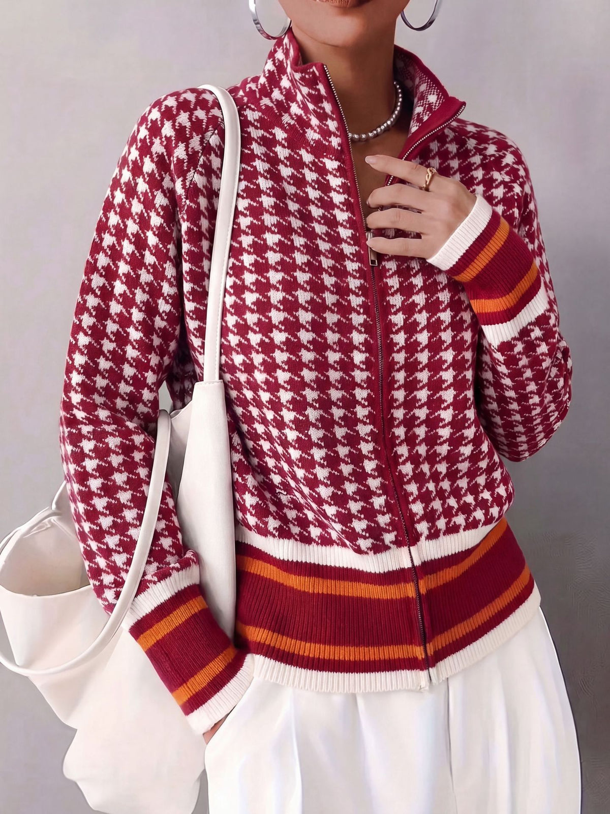 Stand up collar zipper knitted cardigan for women in autumn and winter