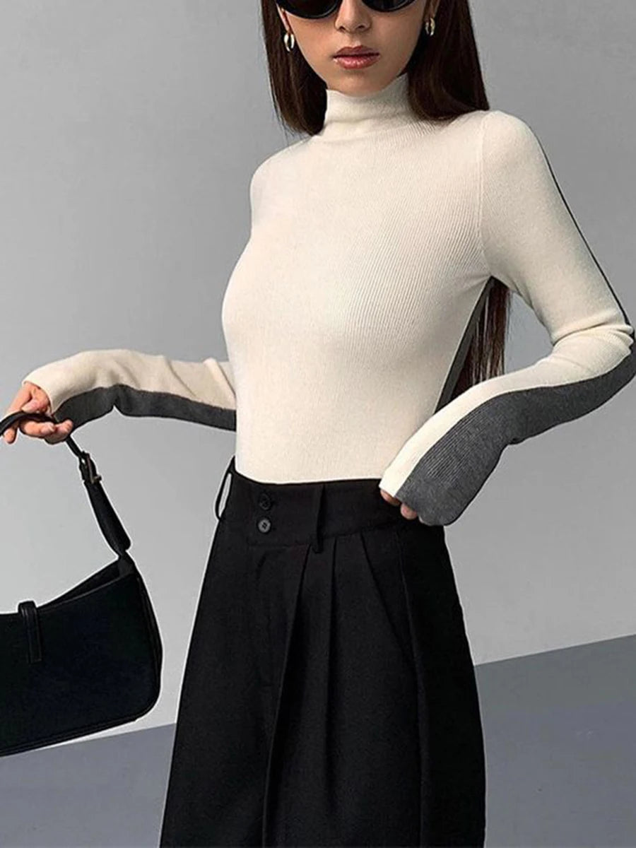Knitted Sweater Autumn Woman Half High Collar Long Sleeve Pullover Casual Simple Basic Jumper Female Sweaters
