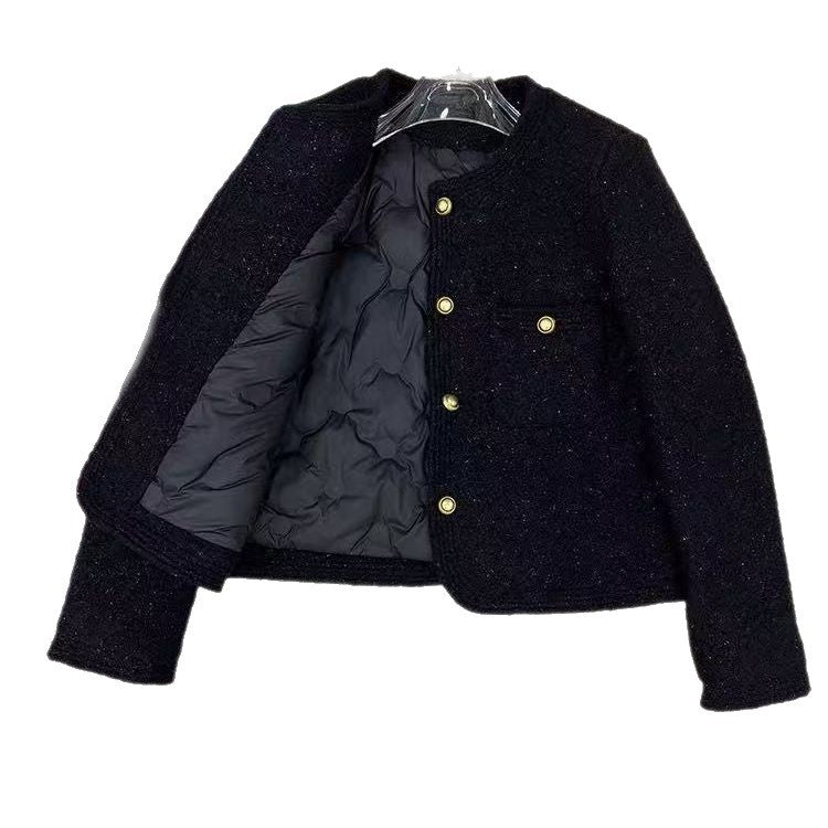 Fall Winter New Design Black Elegant Chic Short Coat for Women, Padded Thickened Top Fashion