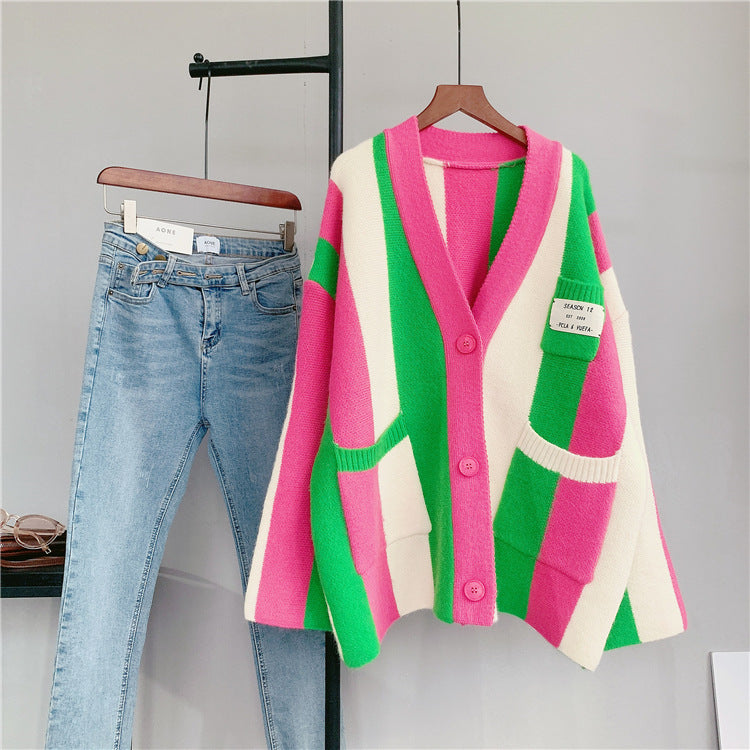 Autumn contrasting vertical striped sweater jacket for women, new loose and lazy knitted cardigan for women