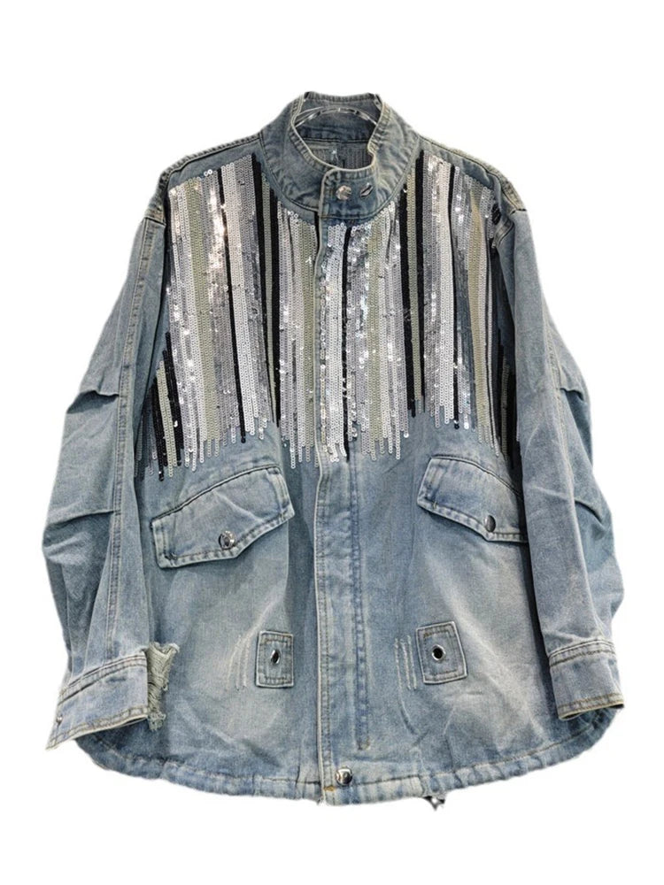 Autumn Trendy Fashion Women Striped Sequins Design Loose Denim Coat Turn-down Collar Long Sleeve Jacket