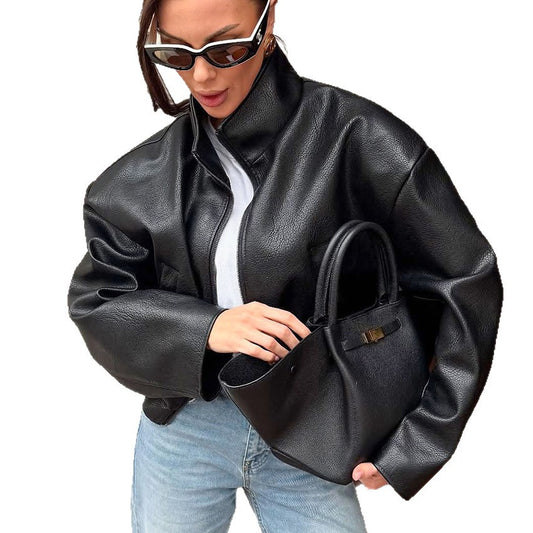 High-Grade Black PU Leather Jacket for Women with Design Sense, Elegant and  Commuter Style