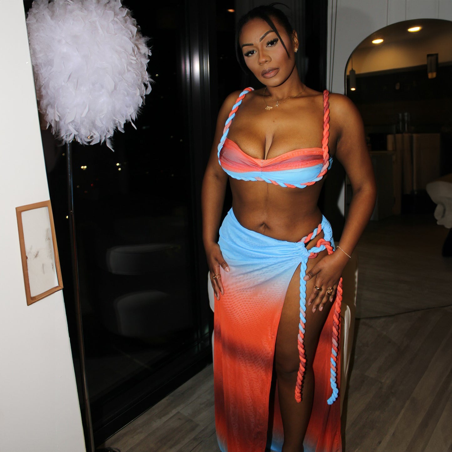 KISCHA Beach vacation swimsuit woven camisole top split skirt set