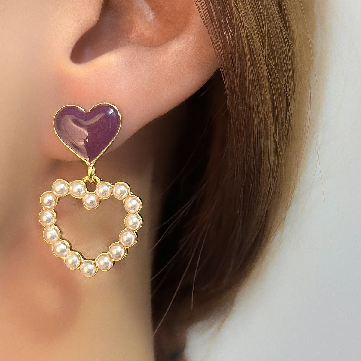 Love pearls sweet temperament oil dripping peach heart earrings