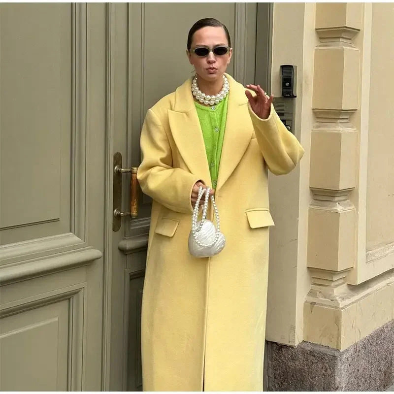 European and American autumn women's trench coat with elegant temperament, one button imitation wool loose coat for women