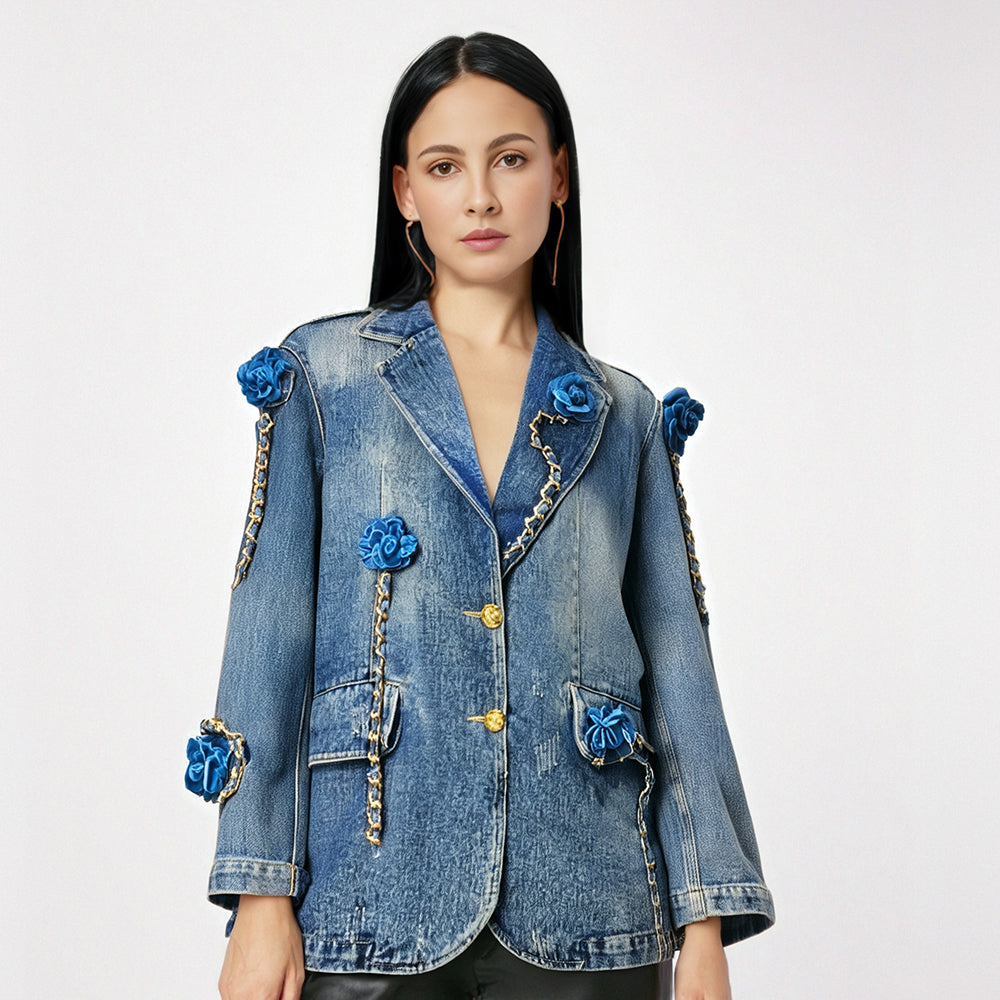 Women Denim Blazer Patchwork Flowers Gold Chains Washed Notched Collar Elegant Suit Jackets  Autumn New Fashion