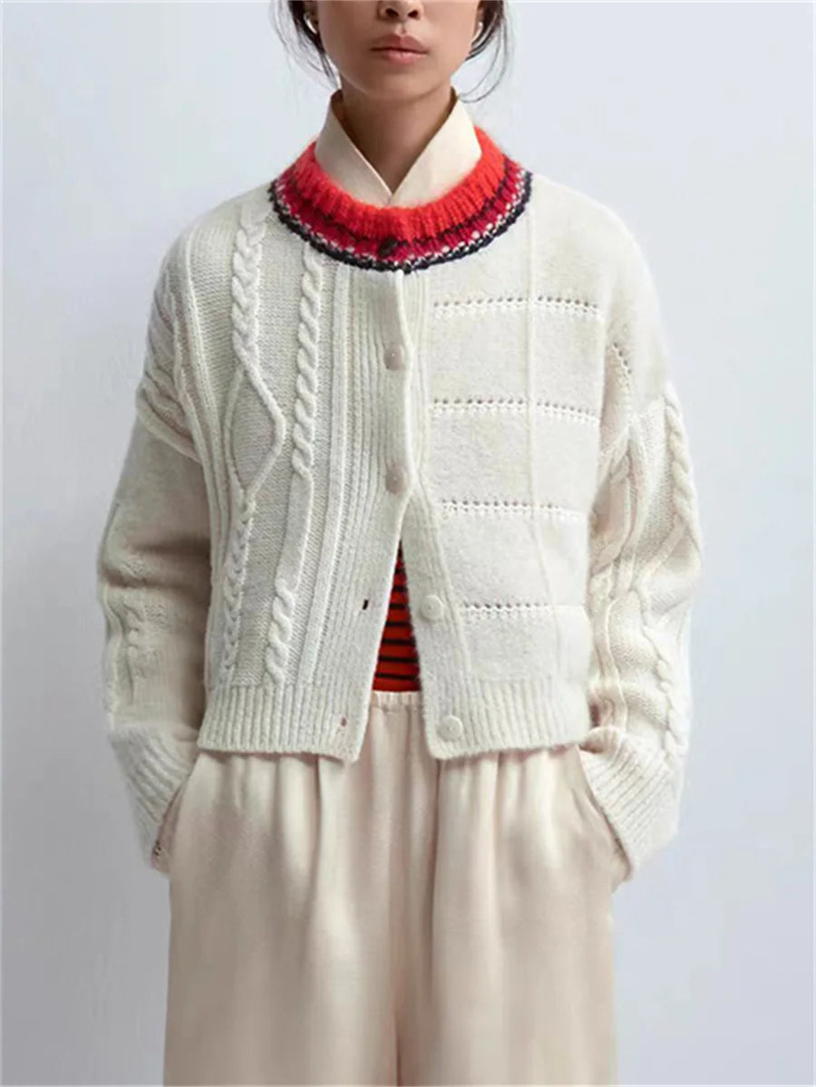 Contrast Color O-Neck Women Twisted Knitted Sweater Long Sleeve Single Breasted Asymmetry Autumn Female Cardigan