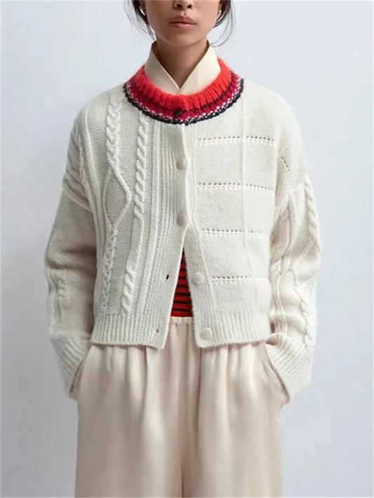 Contrast Color O-Neck Women Twisted Knitted Sweater Long Sleeve Single Breasted Asymmetry Autumn Female Cardigan