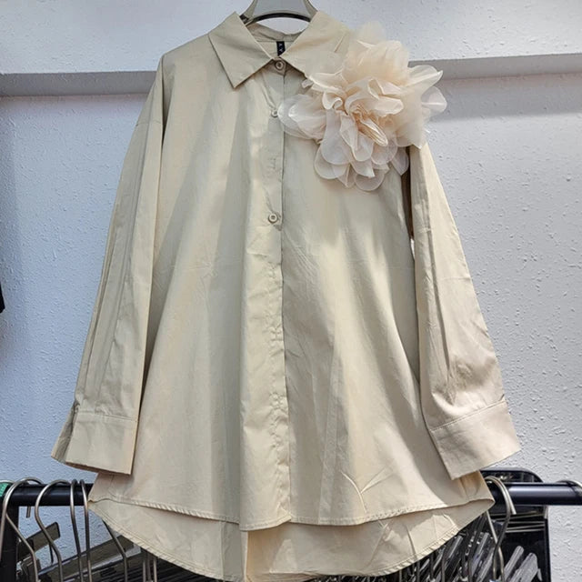 Fashion Three Dimensional Flower Design T-shirts For Women  Autumn New Loose Solid Color Long Sleeved Shirt