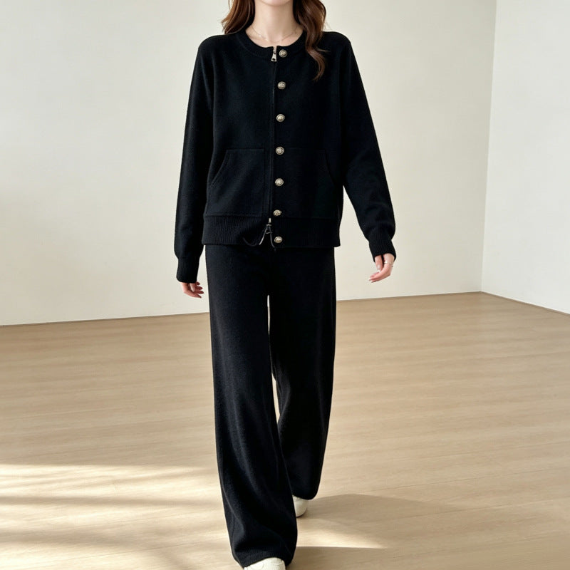 Zipper knit sweater wide leg straight leg pants solid color two-piece set