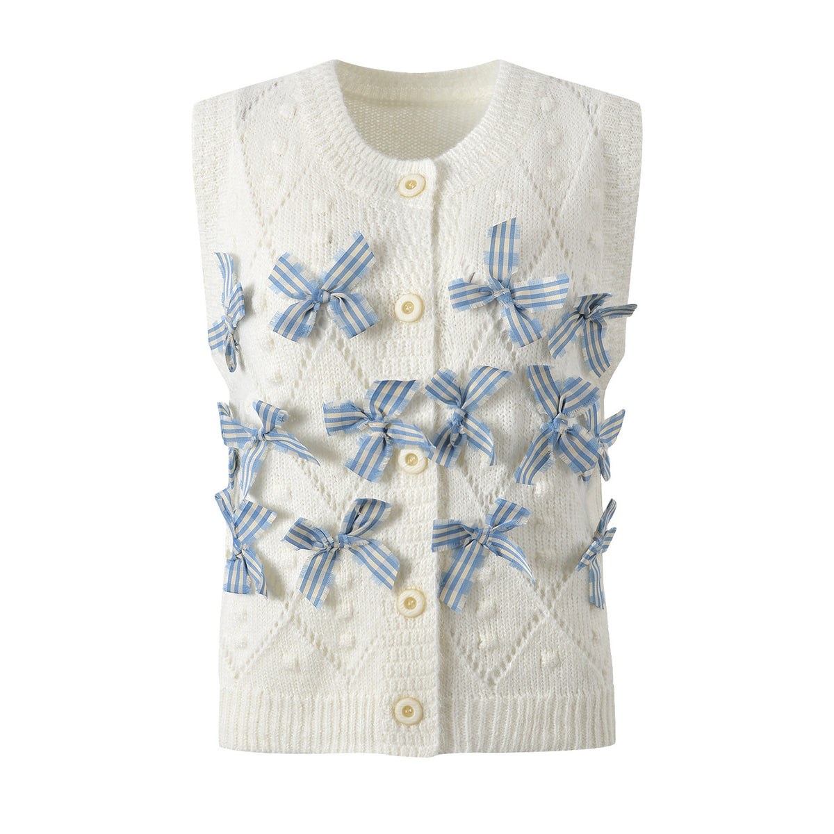 Early autumn new bow decoration niche design single breasted knitted vest short top for women