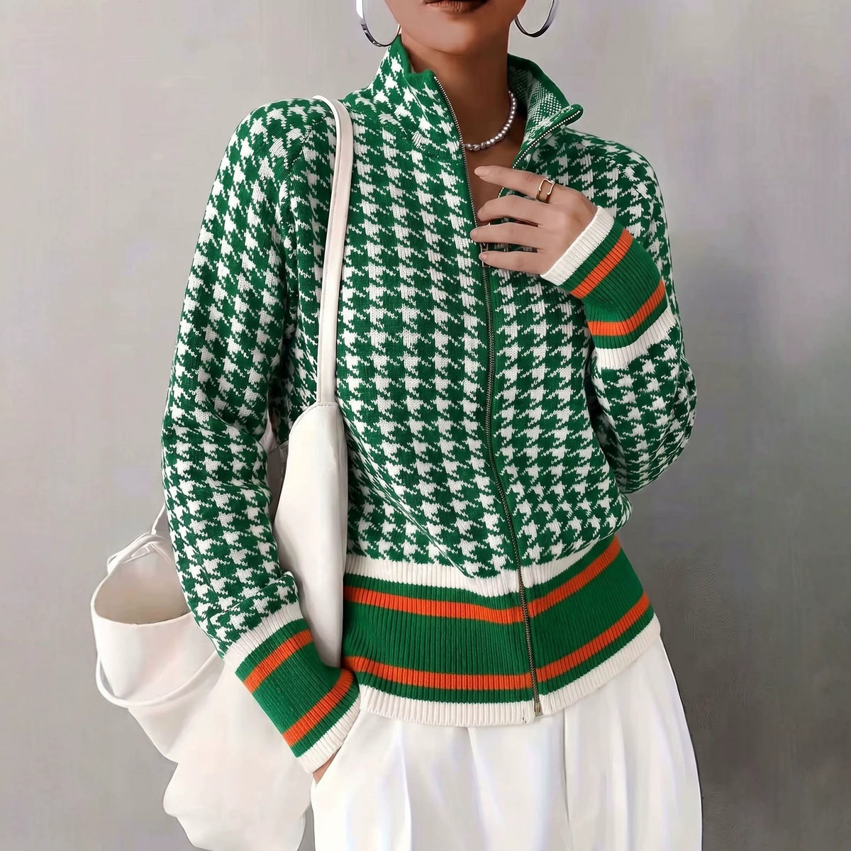 Stand up collar zipper knitted cardigan for women in autumn and winter