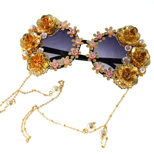 POETIC FLOWERS Women's sunglasses Baroque retro hollow carved black round frame sunglasses flower butterfly beach glasses