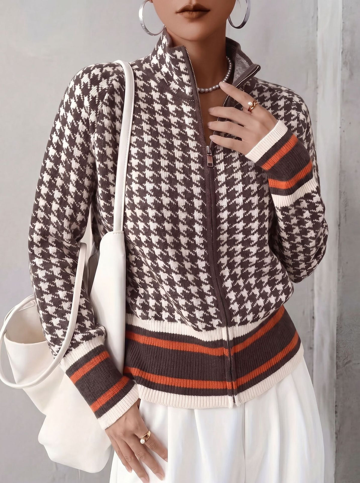 Stand up collar zipper knitted cardigan for women in autumn and winter