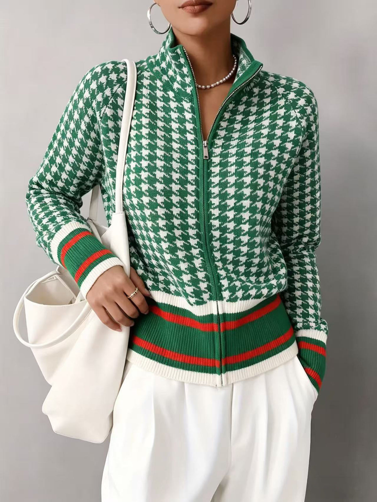 Stand up collar zipper knitted cardigan for women in autumn and winter
