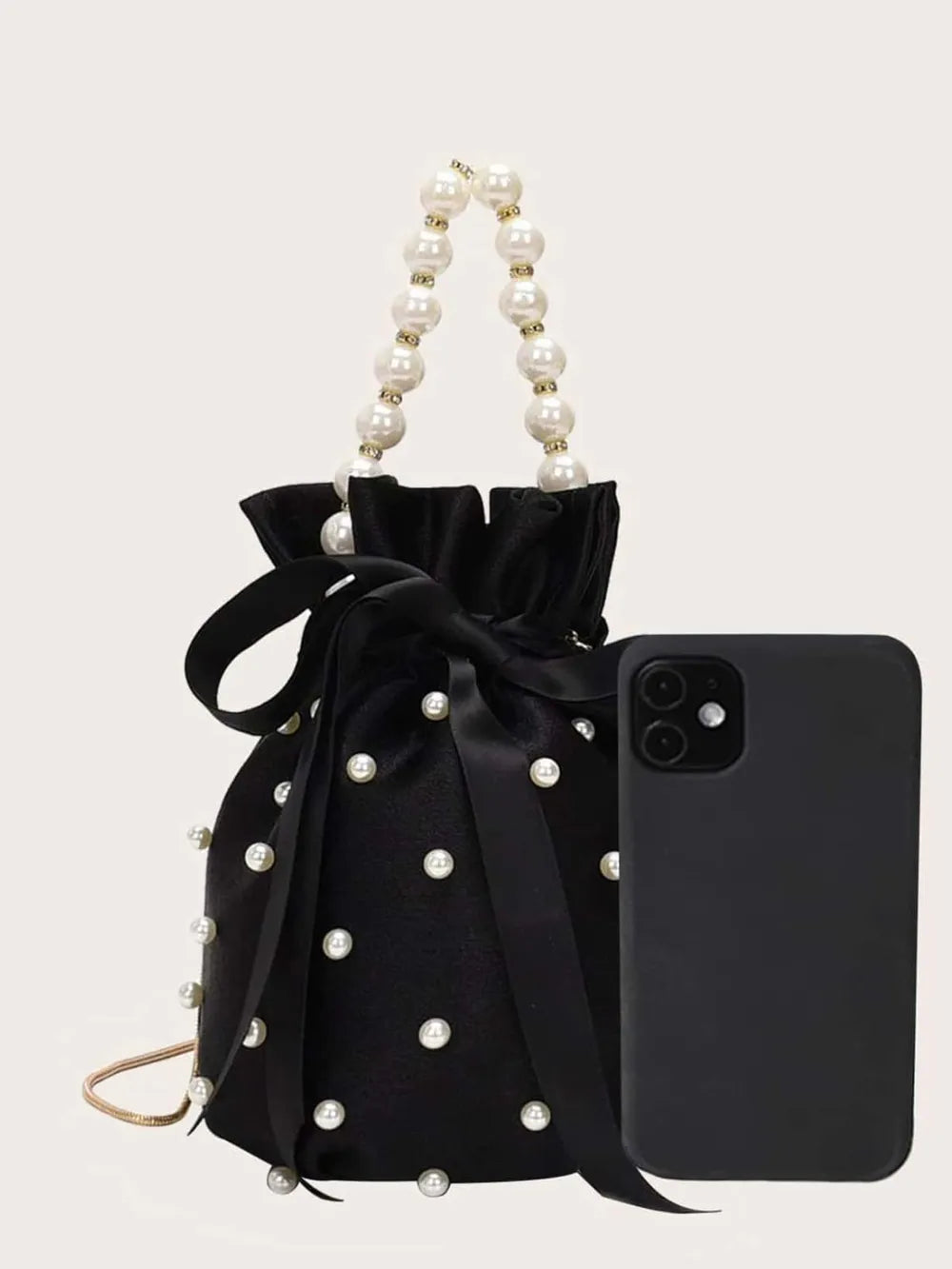 Badge of Pearls Detailed Solid Color Bucket Bag