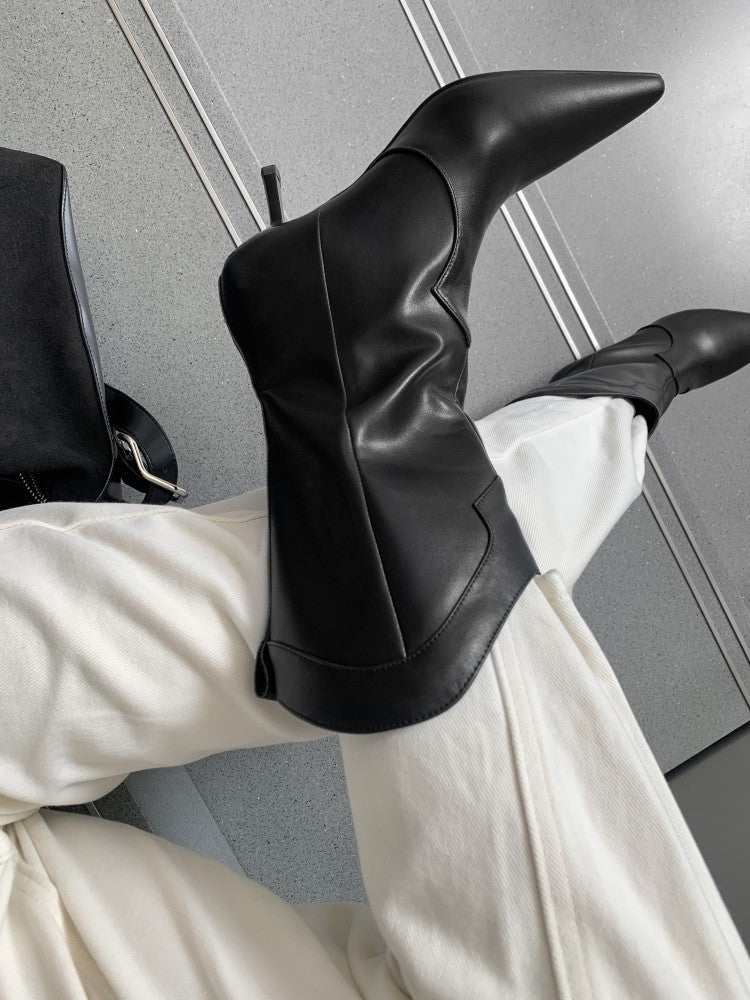 Women Mid-Calf Boots Pointed Toe Thin High Heels Mature Western Boots Autumn Winter Office Lady