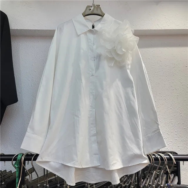 Fashion Three Dimensional Flower Design T-shirts For Women  Autumn New Loose Solid Color Long Sleeved Shirt