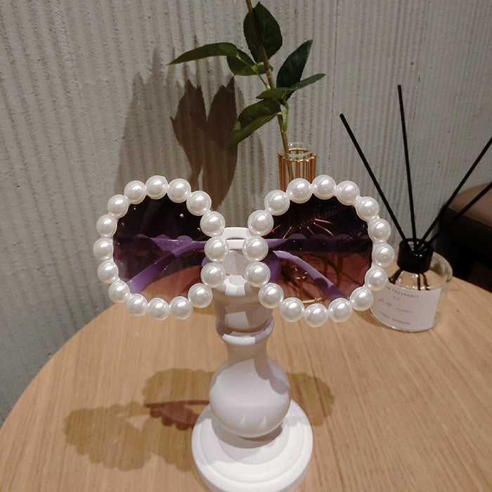 Retro Round Sunglasses Women's Trendy Elegant Pearl Inlaid Sunglasses Net Red Star With UV Protection