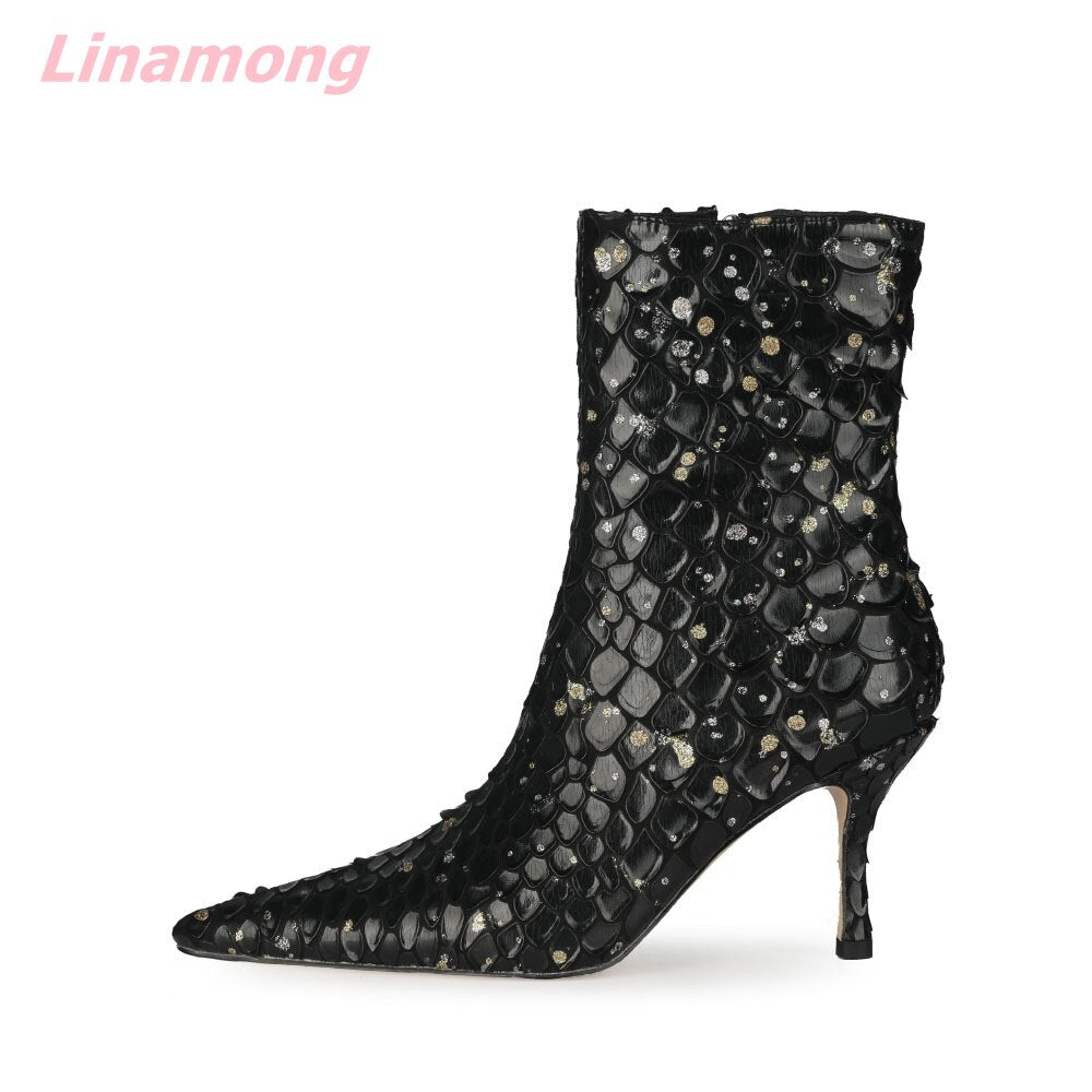 Autumn Brand Design Women Bling Boots Pointed Toe Thin High Heel Side Zipper Comfortable Sexy Retro Mid-Calf Office Party Shoes