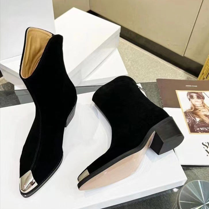 Winter Designer Shoes Women Chelsea Boots Metal Toe Back Zip Short Boots Women Pointed Toe Chunky Heel Ankle Boots Suede Leather