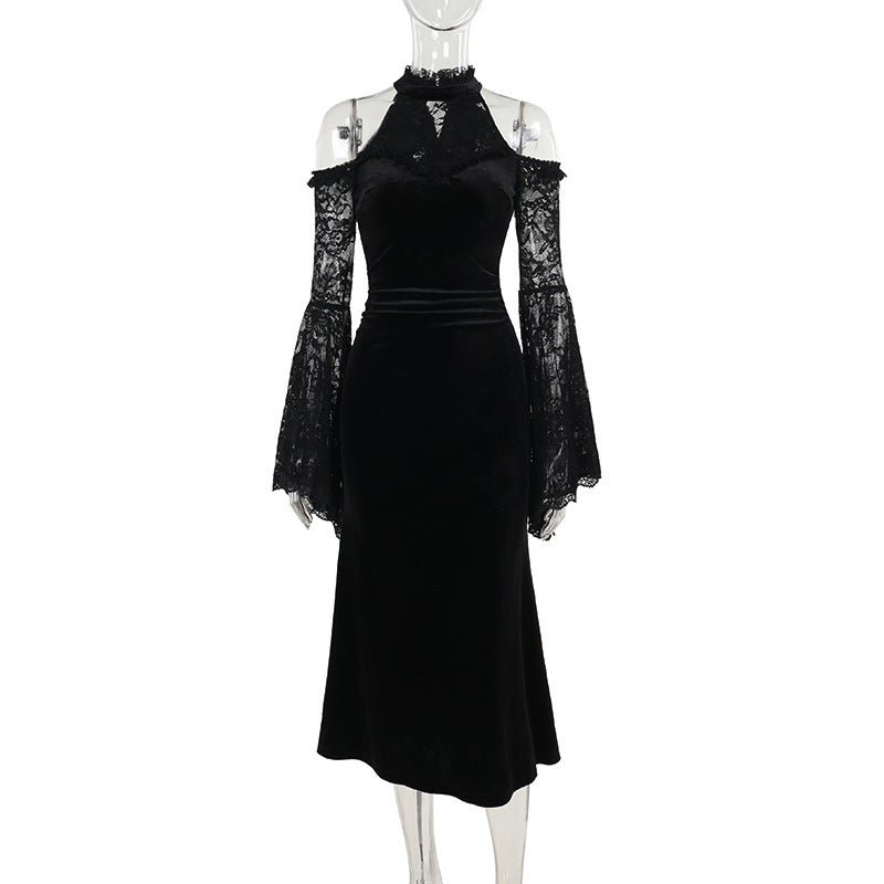 Chic Off-Shoulder Long Sleeve Witch Dress for Women, Dark Gothic Style, Sexy Fitted Maxi Dress