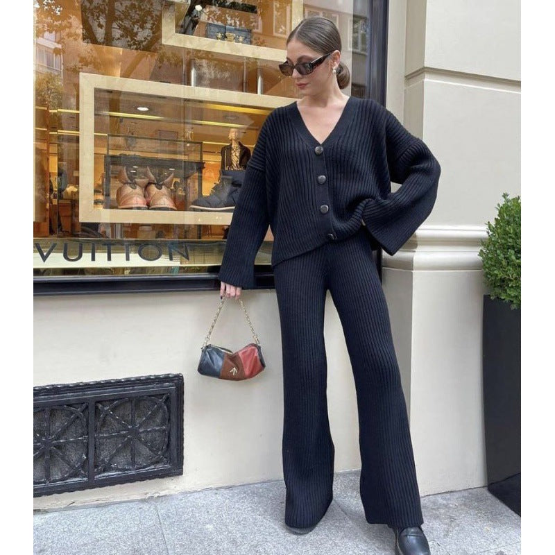 Autumn And Winter New Casual Sweater Knitted Cardigan Pants Two-Piece Set For Women