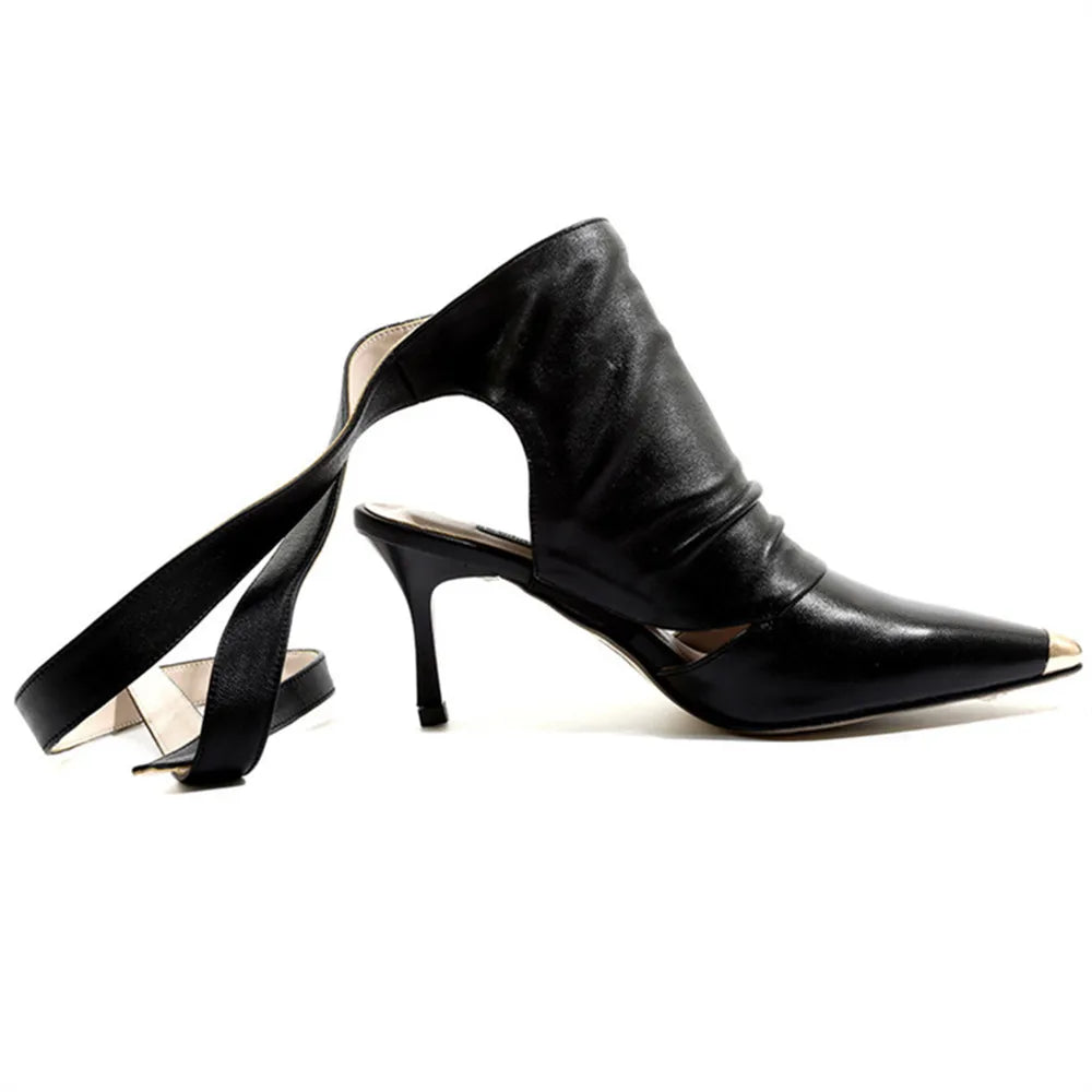 Fall fashion Shoes Sheepskin Big Size 34-42 Women Sandals Thin High Heel 7.5 CM Lace Up Metal Pointed Toe