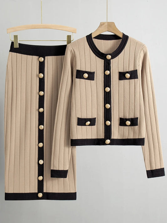 Elegant Temperament Womens Two Piece Set Autumn Winter French Knitted Cardigan Jacket Black Half Skirt Sets Office Commuting Kit