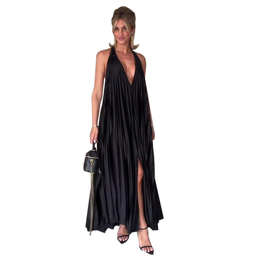 Sexy Backless Pleated Split Dresses Woman V Neck Sleeveless Robe