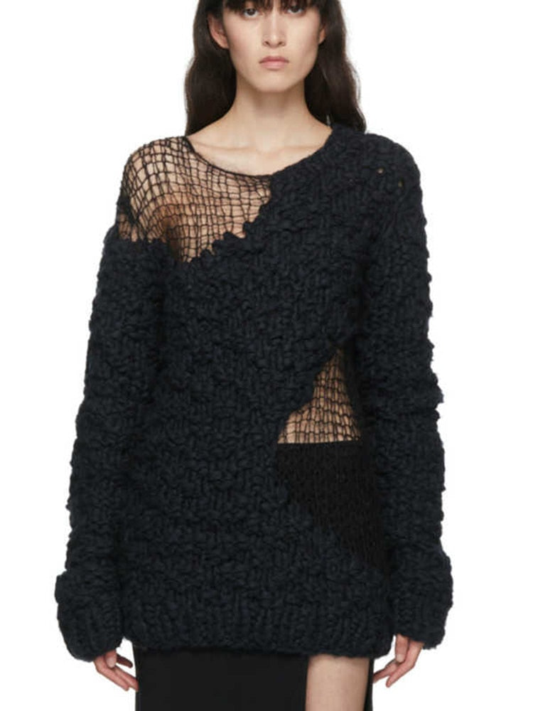 Broken Round Neck Full Sleeves Knitting Pullover Loose Female Top Autumn And Autumn Fashion Women Knits