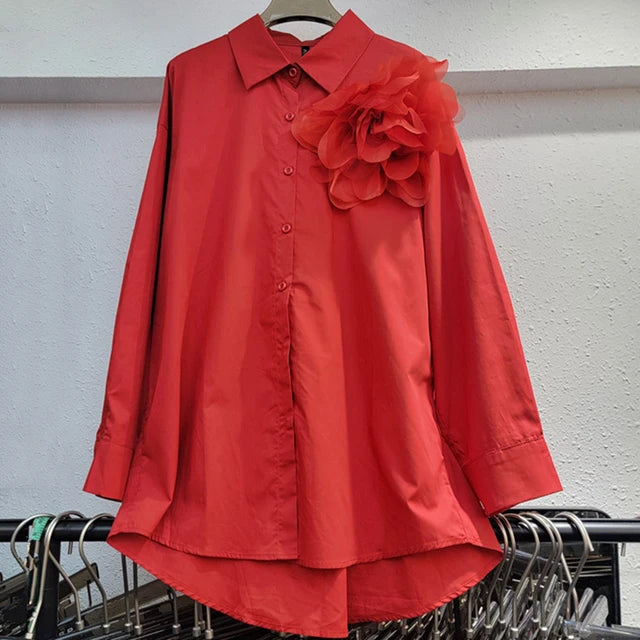 Fashion Three Dimensional Flower Design T-shirts For Women  Autumn New Loose Solid Color Long Sleeved Shirt