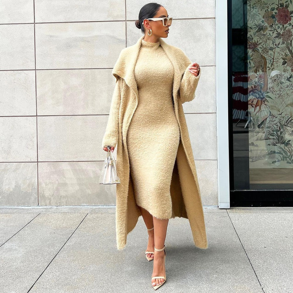 Women's autumn and winter new fashionable loose cardigan jacket double-sided velvet dress set for women