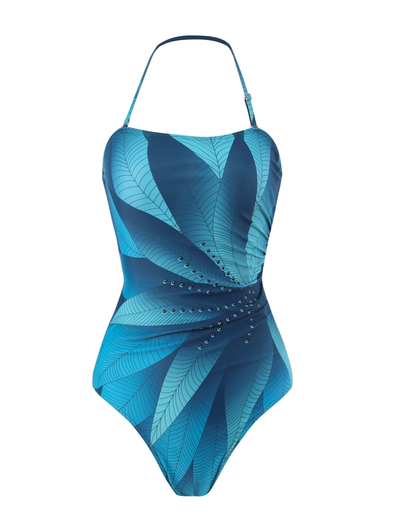 BORIKEN one-piece two-piece swimsuit leaf print hip-covering long skirt conservative halterneck swimsuit for women