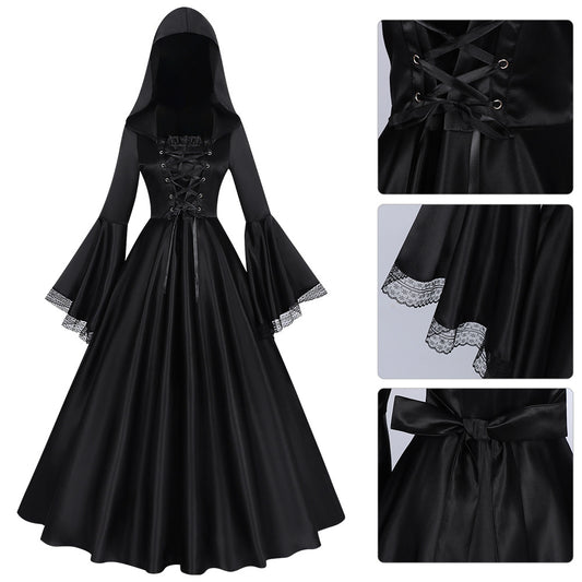 Halloween Midnight Gothic Hooded Long Dress for Women, Medieval Witch Costume, Renaissance Ball Cosplay Outfit