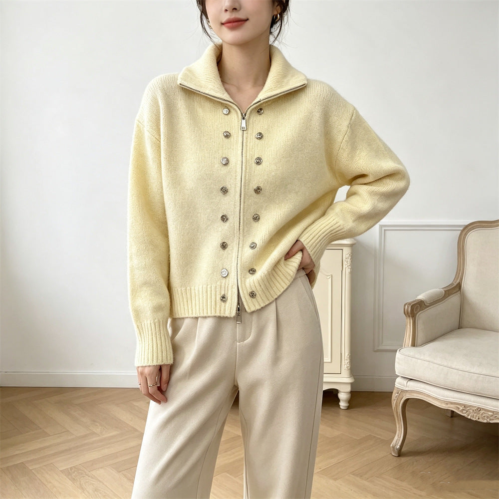 Double row decorative buckle solid color zipper sweater