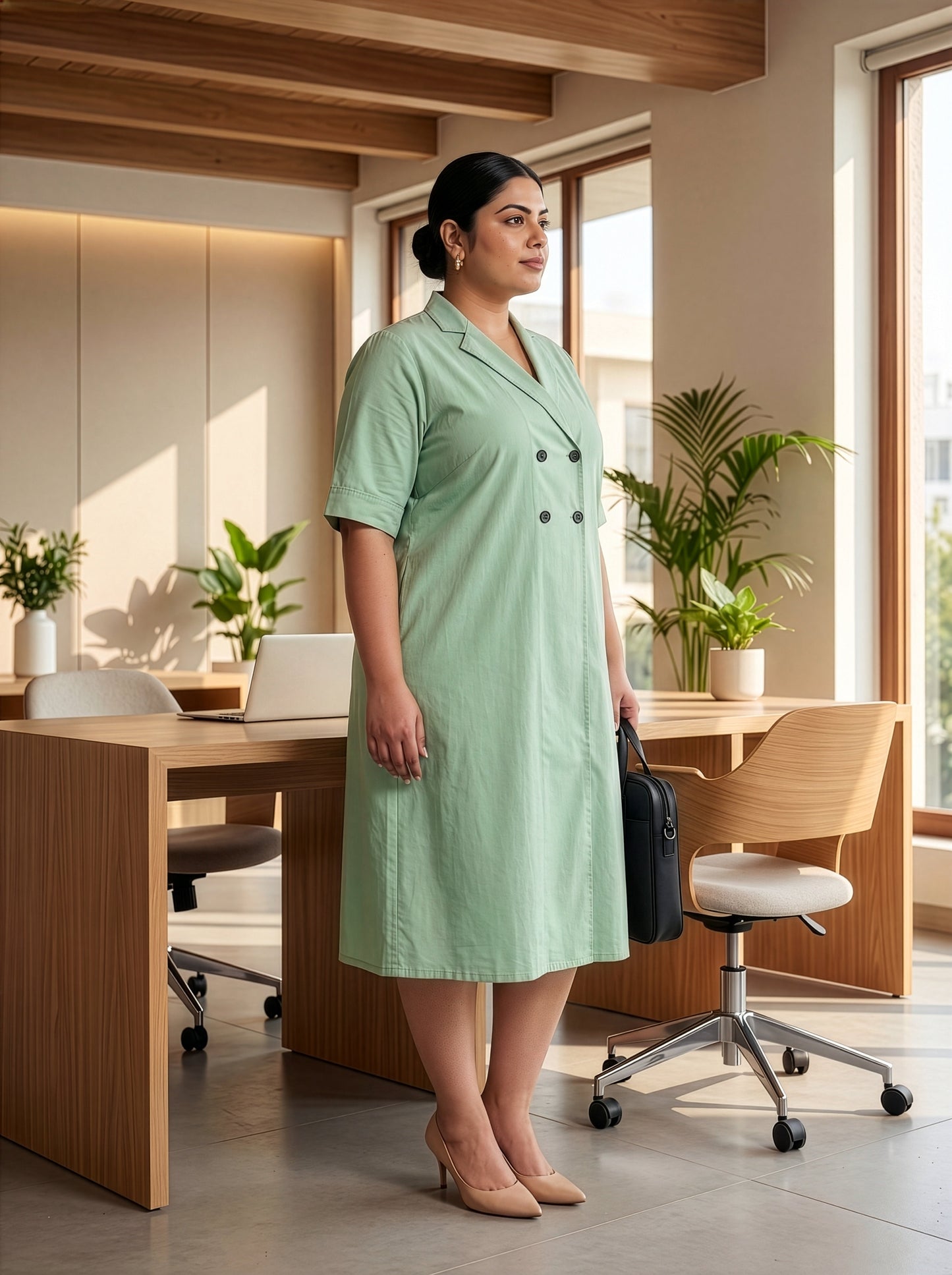 Plus Size Sage Green Cotton Linen Shirt Dress- Office Wear Midi Dress for Women
