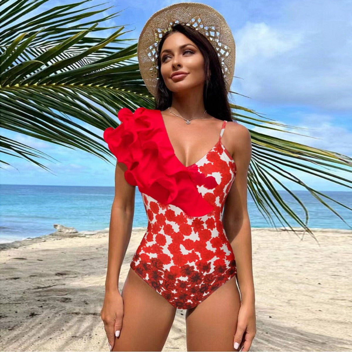 BORIKEN new style oblique shoulder strap swimsuit sexy one-piece high waist cross-border swimsuit women