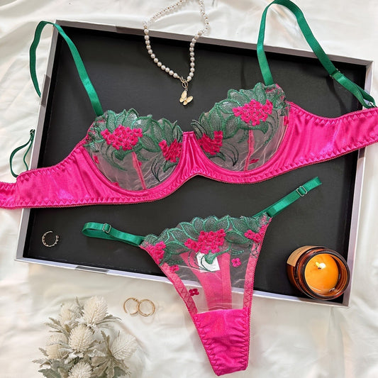 LA BELLA Underwear three-point sexy mesh embroidery perspective fun lingerie set women's T-pants temptation