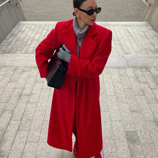 Red Long Wool Coat Lapel Elegant Single Breasted Woolen Coats Fashion Slim Fit Warm Pocket Overcoat Winter Women's Outwear Tops