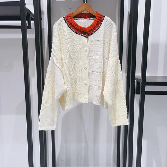 Contrast Color O-Neck Women Twisted Knitted Sweater Long Sleeve Single Breasted Asymmetry Autumn Female Cardigan