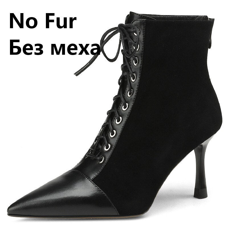 Elegant Women Ankle Boots Pointed Toe Thin High Heels Female Office Genuine Leather Cross-Tied Shoes Woman
