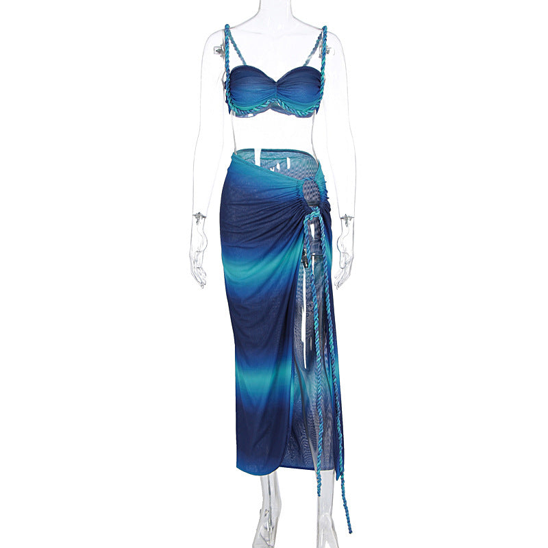 KISCHA Beach vacation swimsuit woven camisole top split skirt set