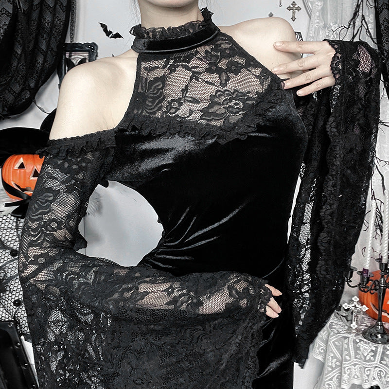 Chic Off-Shoulder Long Sleeve Witch Dress for Women, Dark Gothic Style, Sexy Fitted Maxi Dress